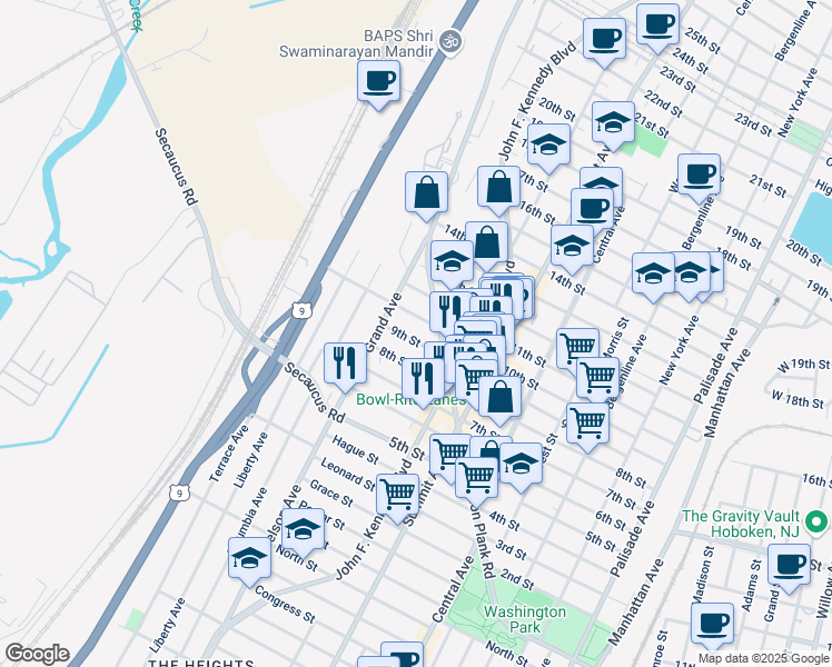 map of restaurants, bars, coffee shops, grocery stores, and more near 1316 9th Street in North Bergen
