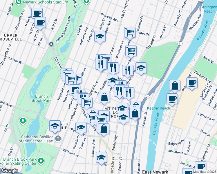 map of restaurants, bars, coffee shops, grocery stores, and more near 257 Summer Avenue in Newark