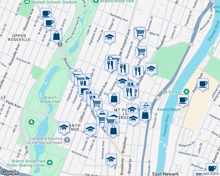 map of restaurants, bars, coffee shops, grocery stores, and more near 278 1/2 Garside Street in Newark