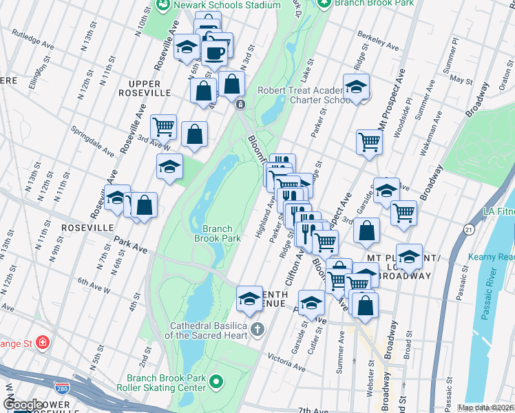 map of restaurants, bars, coffee shops, grocery stores, and more near 136 Highland Avenue in Newark
