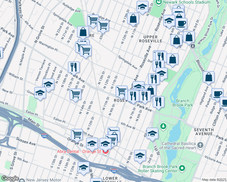map of restaurants, bars, coffee shops, grocery stores, and more near 170 North 11th Street in Newark