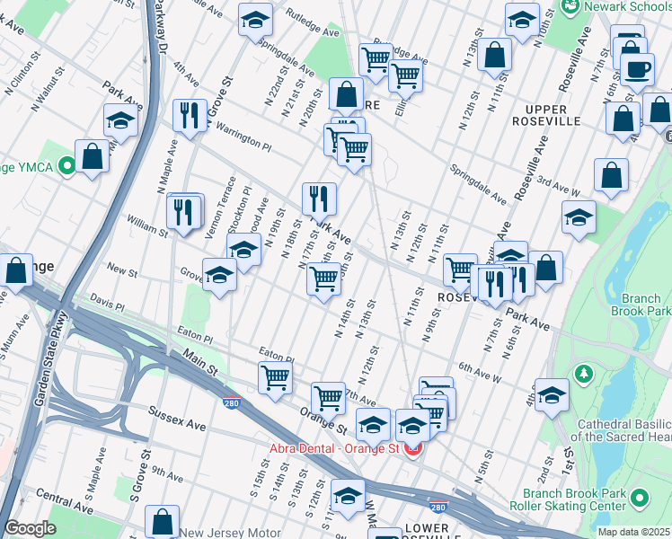 map of restaurants, bars, coffee shops, grocery stores, and more near 110 North 16th Street in East Orange