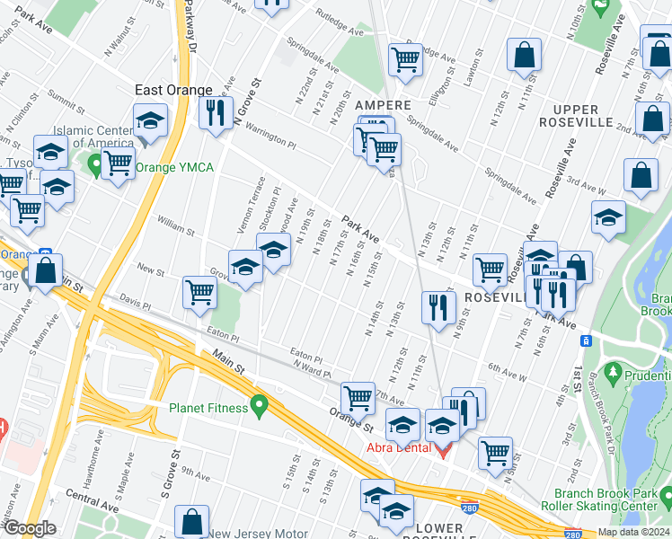 map of restaurants, bars, coffee shops, grocery stores, and more near 95 North 17th Street in East Orange