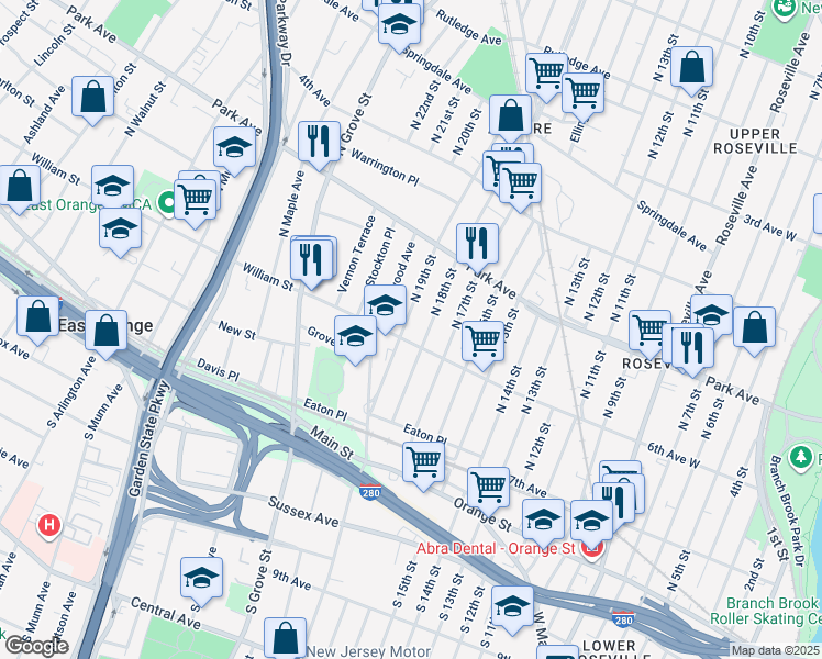 map of restaurants, bars, coffee shops, grocery stores, and more near 84 North 19th Street in East Orange