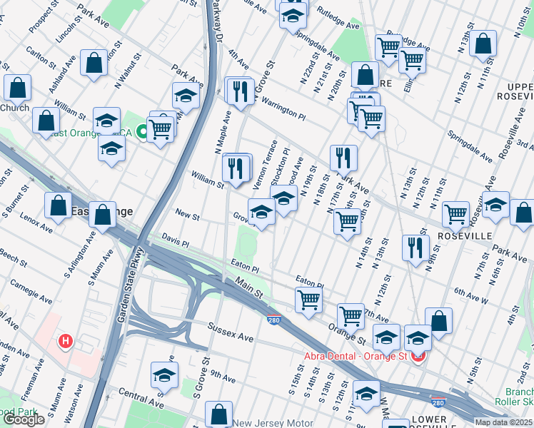 map of restaurants, bars, coffee shops, grocery stores, and more near 136 William Street in East Orange