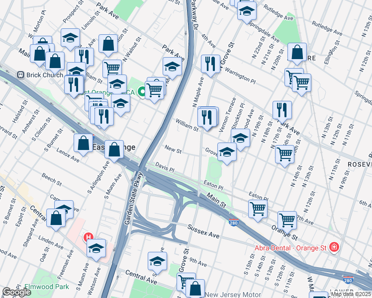 map of restaurants, bars, coffee shops, grocery stores, and more near 98 North Maple Avenue in East Orange