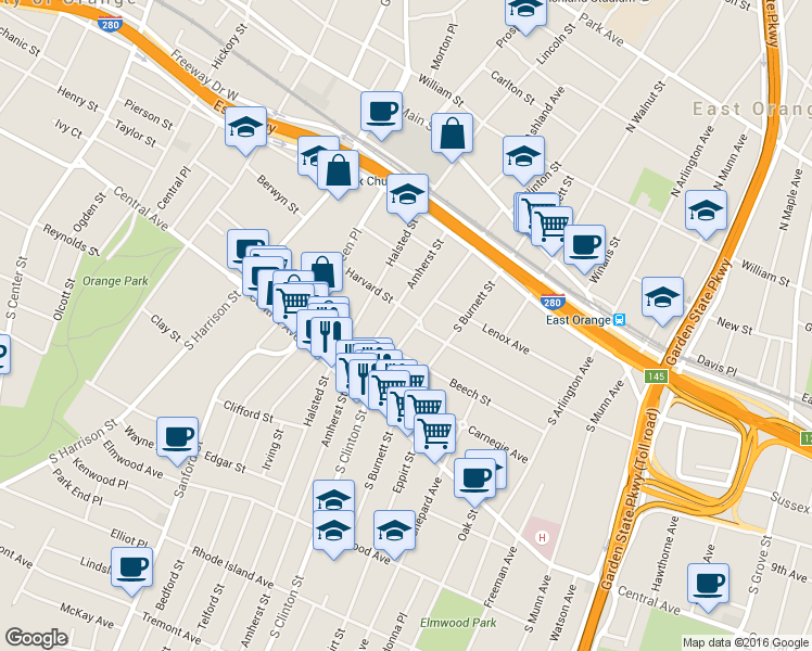 map of restaurants, bars, coffee shops, grocery stores, and more near 5 Harvard Street in East Orange