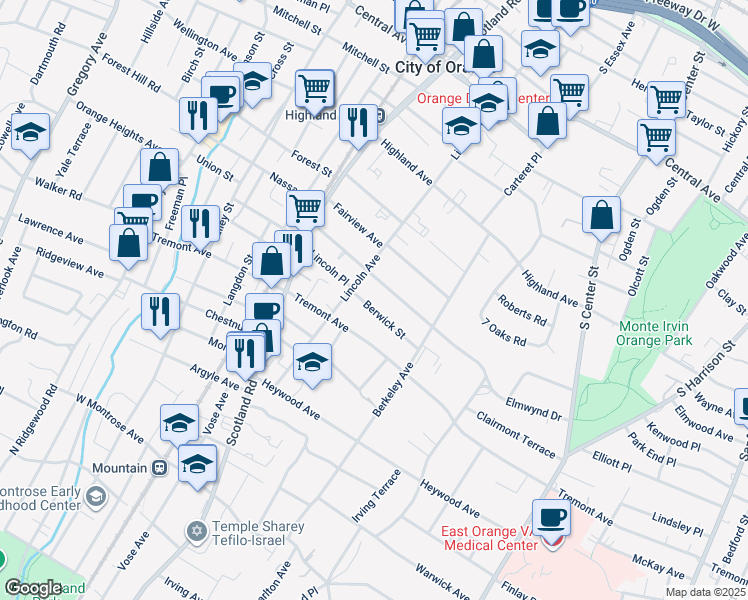 map of restaurants, bars, coffee shops, grocery stores, and more near 425 Berwick Street in City of Orange