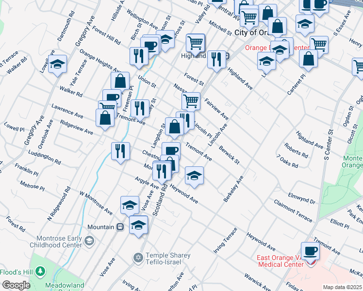 map of restaurants, bars, coffee shops, grocery stores, and more near 493 Tremont Avenue in City of Orange