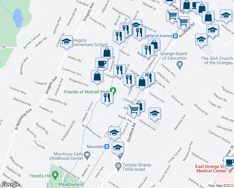map of restaurants, bars, coffee shops, grocery stores, and more near 662 Valley Street in City of Orange