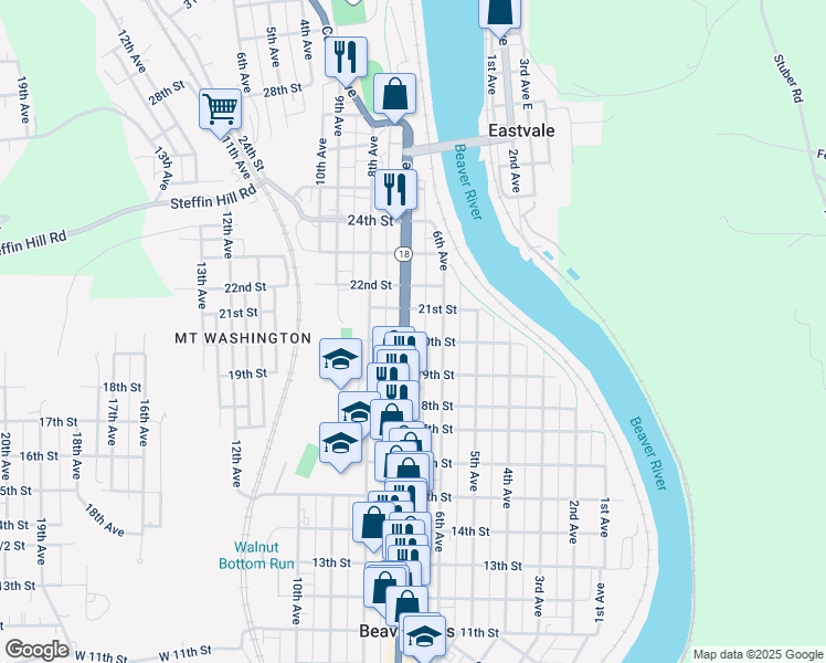 map of restaurants, bars, coffee shops, grocery stores, and more near 2020 7th Avenue in Beaver Falls