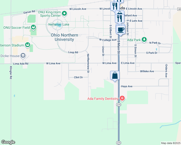 map of restaurants, bars, coffee shops, grocery stores, and more near 401 West Lima Avenue in Ada