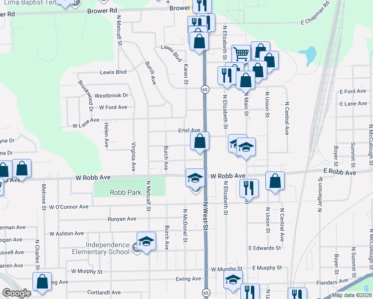 map of restaurants, bars, coffee shops, grocery stores, and more near 325 Ashwood Avenue in Lima