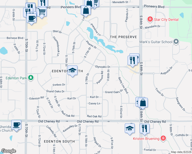 map of restaurants, bars, coffee shops, grocery stores, and more near 7929 Twin Oaks Road in Lincoln