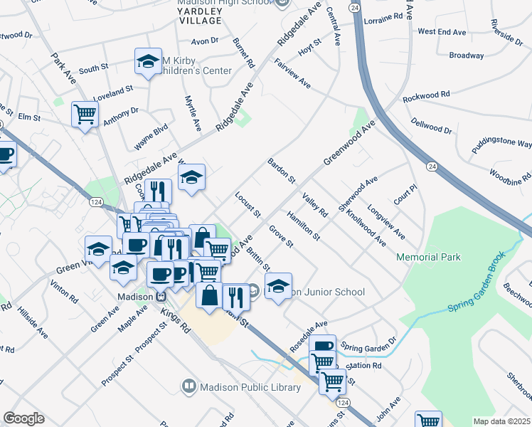 map of restaurants, bars, coffee shops, grocery stores, and more near 62 Greenwood Avenue in Madison