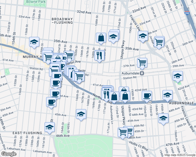 map of restaurants, bars, coffee shops, grocery stores, and more near 40-01 169th Street in Queens