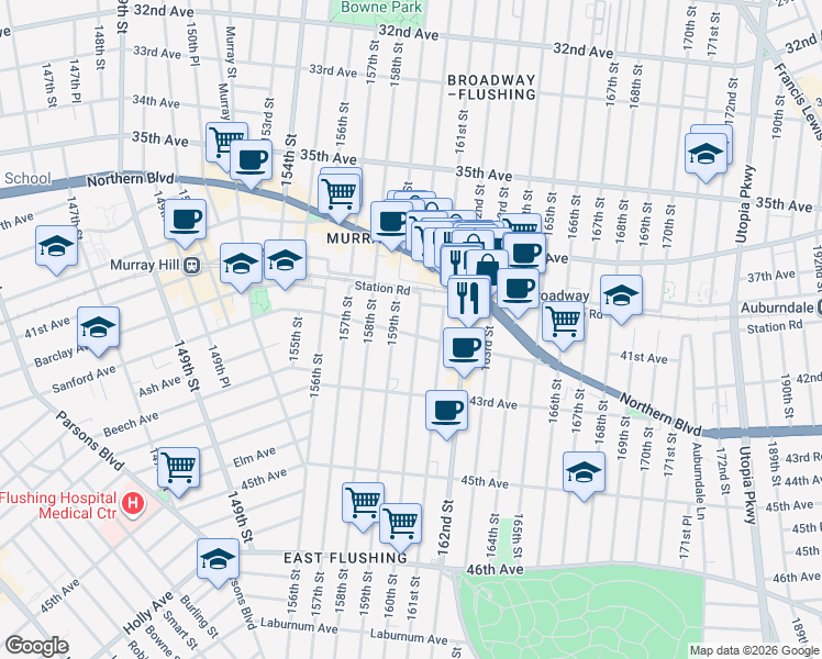 map of restaurants, bars, coffee shops, grocery stores, and more near 41-32 160th Street in Queens