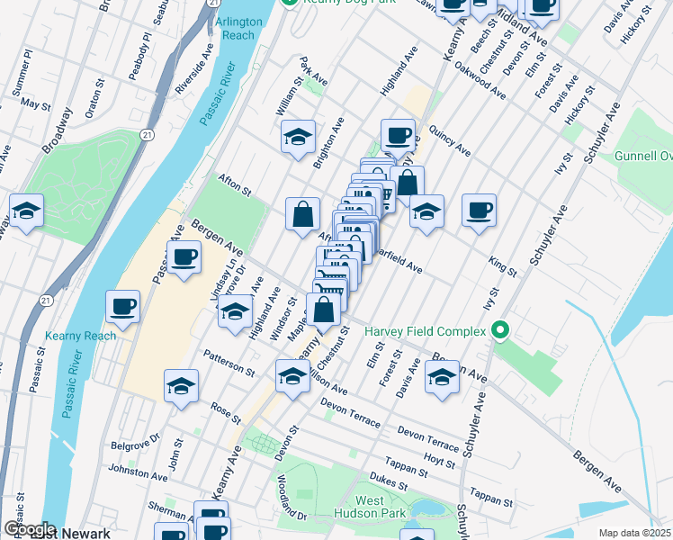 map of restaurants, bars, coffee shops, grocery stores, and more near 289 Kearny Avenue in Kearny