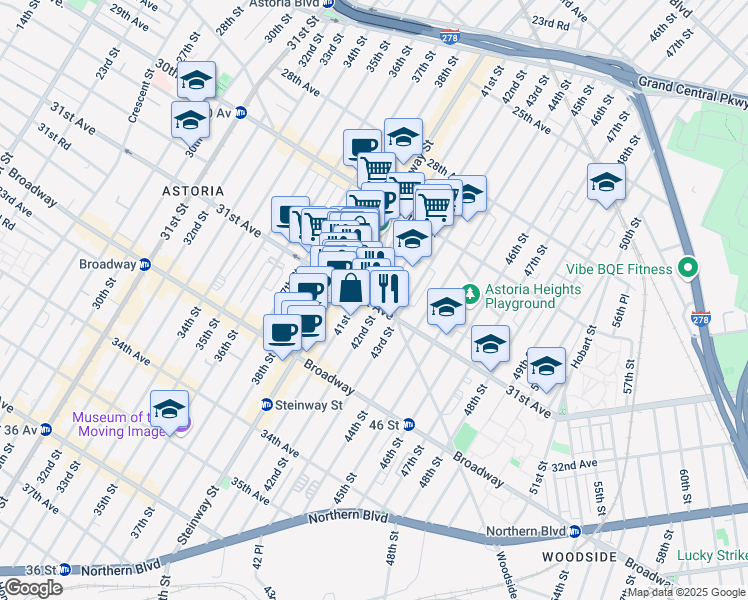 map of restaurants, bars, coffee shops, grocery stores, and more near 30-92 42nd Street in Queens
