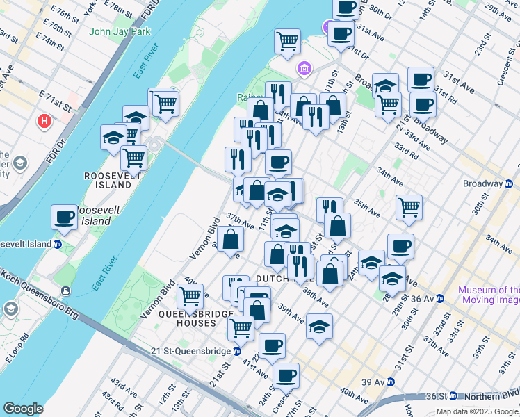 map of restaurants, bars, coffee shops, grocery stores, and more near 36-15 10th Street in Queens