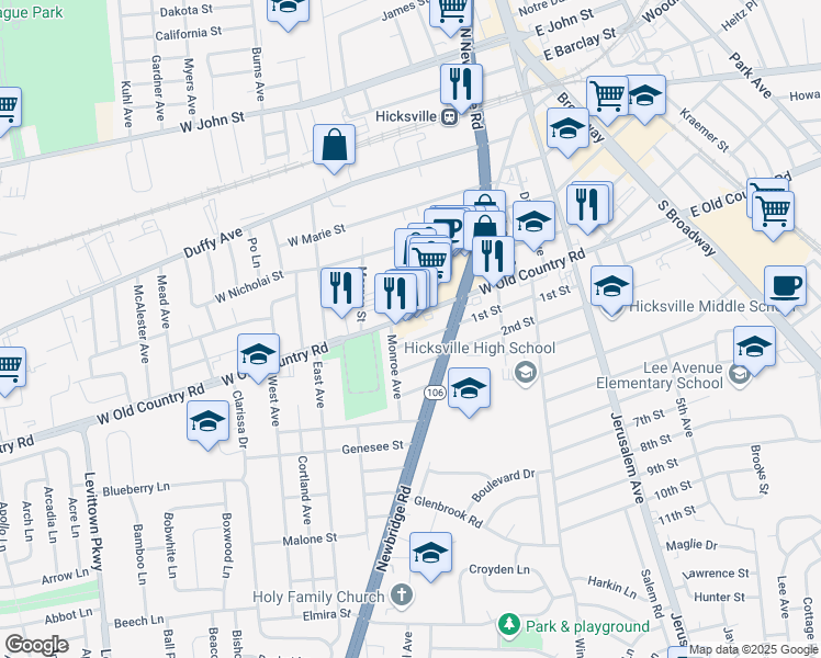 map of restaurants, bars, coffee shops, grocery stores, and more near 247 West Old Country Road in Hicksville
