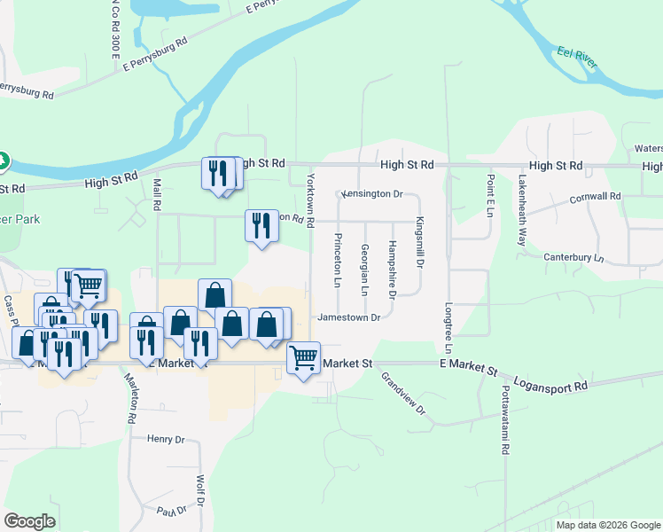 map of restaurants, bars, coffee shops, grocery stores, and more near 301 Princeton Lane in Logansport