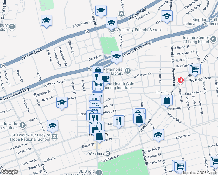 map of restaurants, bars, coffee shops, grocery stores, and more near 324 Post Avenue in Westbury