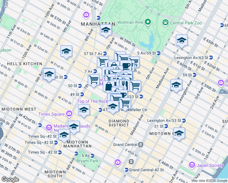 map of restaurants, bars, coffee shops, grocery stores, and more near 51 West 52nd Street in New York