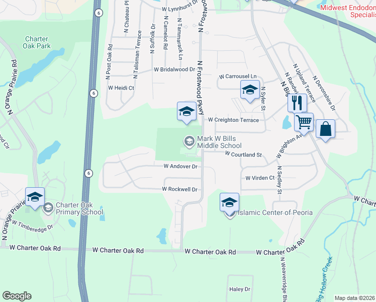 map of restaurants, bars, coffee shops, grocery stores, and more near 6001 N Frostwood Pkwy in Peoria