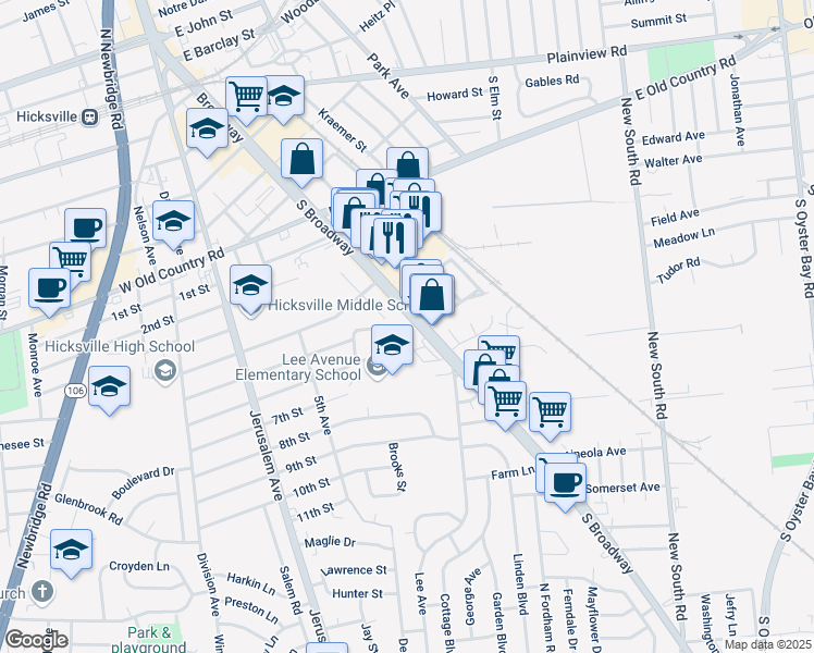 map of restaurants, bars, coffee shops, grocery stores, and more near 350 South Broadway in Hicksville