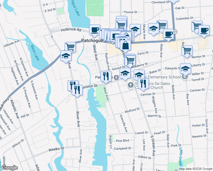 map of restaurants, bars, coffee shops, grocery stores, and more near 76 Division Street in Patchogue