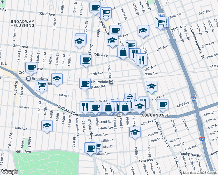 map of restaurants, bars, coffee shops, grocery stores, and more near 192-06 Station Road in Queens