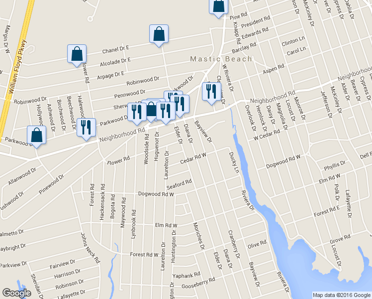 map of restaurants, bars, coffee shops, grocery stores, and more near 159 Elder Drive in Mastic Beach