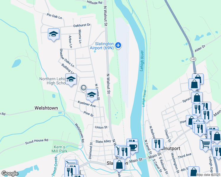 map of restaurants, bars, coffee shops, grocery stores, and more near 7929 Pennsylvania 873 in Slatington