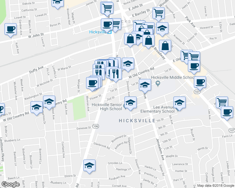 map of restaurants, bars, coffee shops, grocery stores, and more near 100 Halsey Avenue in Hicksville