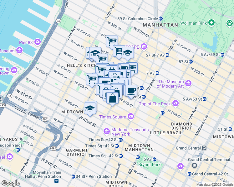 map of restaurants, bars, coffee shops, grocery stores, and more near 302 West 47th Street in New York