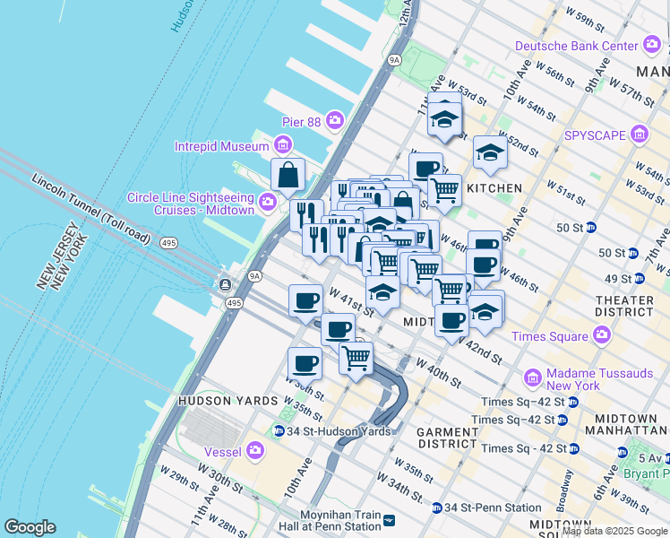 map of restaurants, bars, coffee shops, grocery stores, and more near W 42nd St & 11th Ave in New York