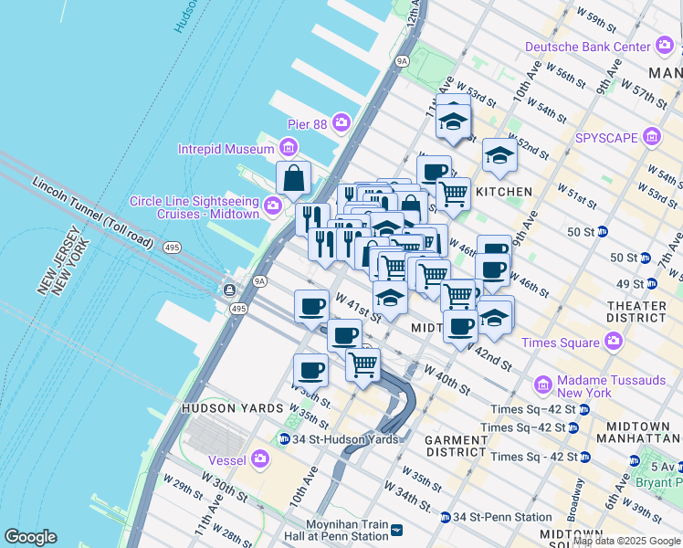 map of restaurants, bars, coffee shops, grocery stores, and more near 11th Ave & W 42nd St in New York