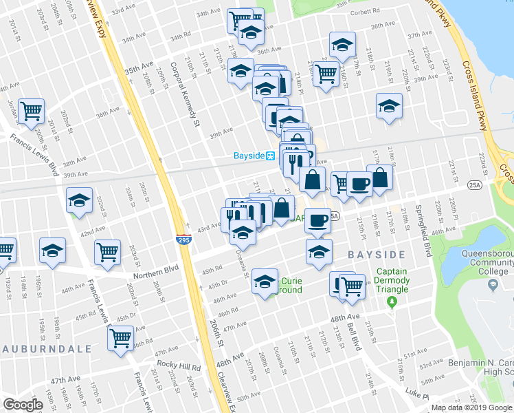 map of restaurants, bars, coffee shops, grocery stores, and more near 210-5 43rd Avenue in Queens