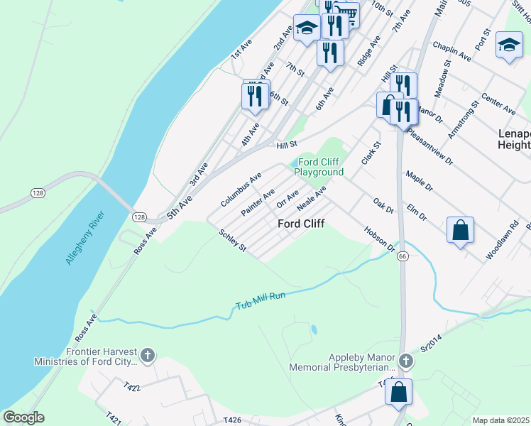 map of restaurants, bars, coffee shops, grocery stores, and more near 705 Orr Avenue in Ford Cliff