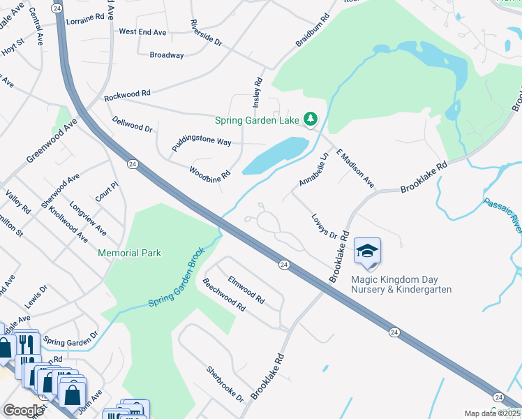 map of restaurants, bars, coffee shops, grocery stores, and more near 90 Brandywyne Drive in Florham Park