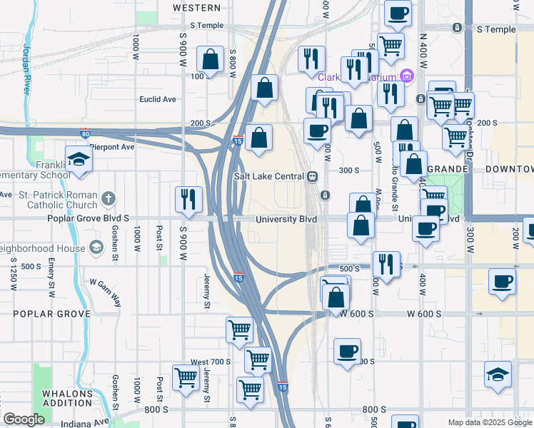 map of restaurants, bars, coffee shops, grocery stores, and more near 762 400 South in Salt Lake City