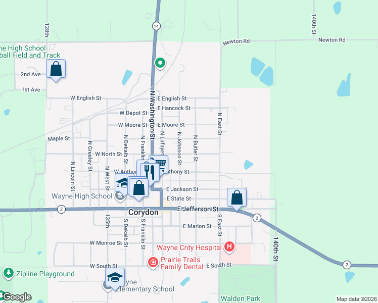 map of restaurants, bars, coffee shops, grocery stores, and more near 307 East North Street in Corydon
