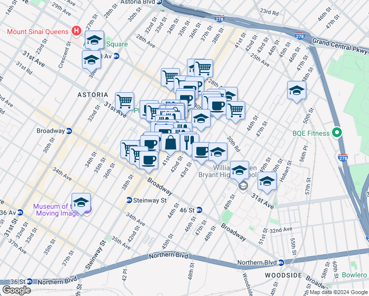 map of restaurants, bars, coffee shops, grocery stores, and more near 41-17 31st Avenue in Queens