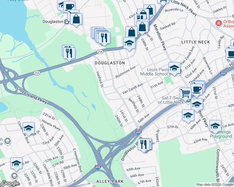 map of restaurants, bars, coffee shops, grocery stores, and more near 240-27 Maryland Road in Queens