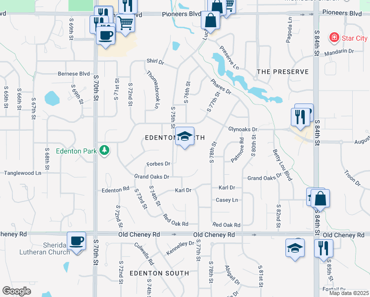 map of restaurants, bars, coffee shops, grocery stores, and more near 5200 South 75th Street in Lincoln