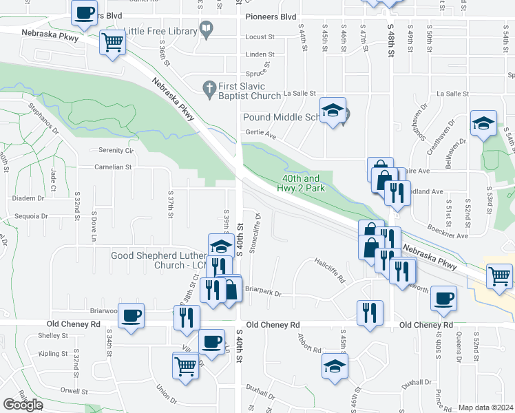 map of restaurants, bars, coffee shops, grocery stores, and more near 5318 Stonecliffe Drive in Lincoln