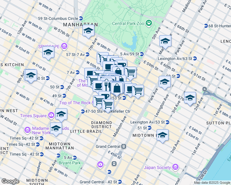 map of restaurants, bars, coffee shops, grocery stores, and more near 1 West 53rd Street in New York