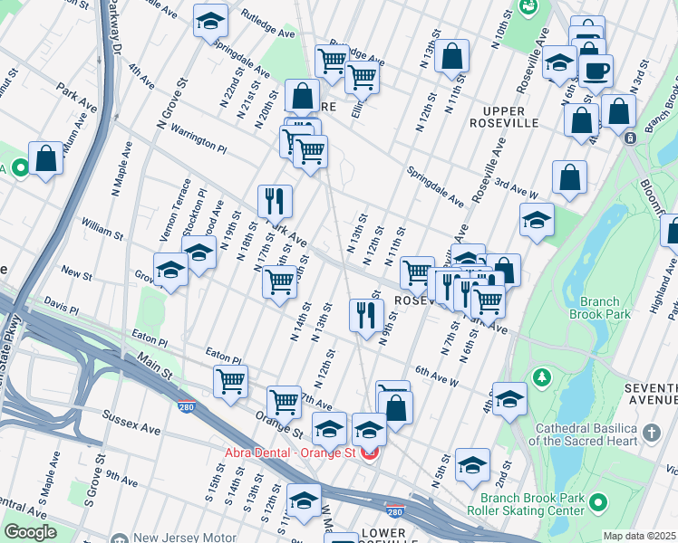 map of restaurants, bars, coffee shops, grocery stores, and more near 386 Park Avenue in Newark