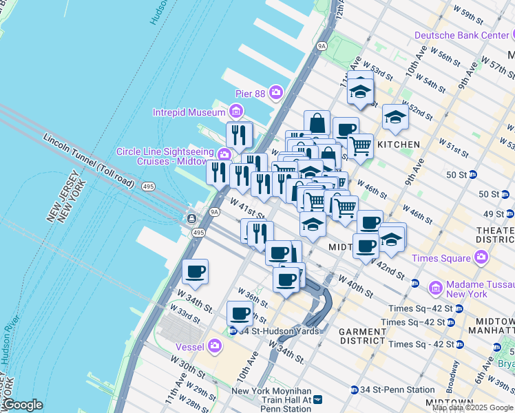 map of restaurants, bars, coffee shops, grocery stores, and more near 620 West 42nd Street in New York